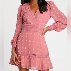 Lulus Women Size Med Might Be Magic Mauve Clip Dot Cottagecore Mini Dress‎